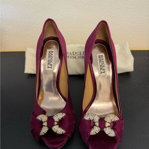 Badgley Mischka Burgundy Peep Toe Heels with Rhinestone Bow